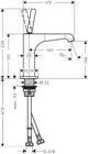 Einhebel-Waschtischmischer mit seitlichem Griff und Ablaufgarnitur, im Design von AXOR, für den Einsatz in Badezimmern. Technische Zeichnung mit Maßen und Anschlussdetails.